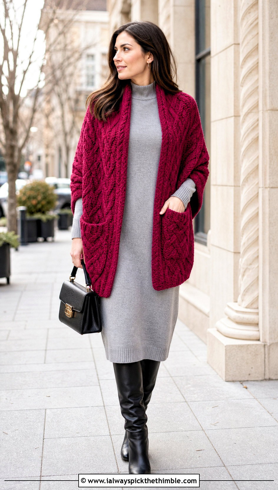 Cable Crochet Pocket Shawl With Sweater Dress - 25 crochet pocket shawl outfit ideas