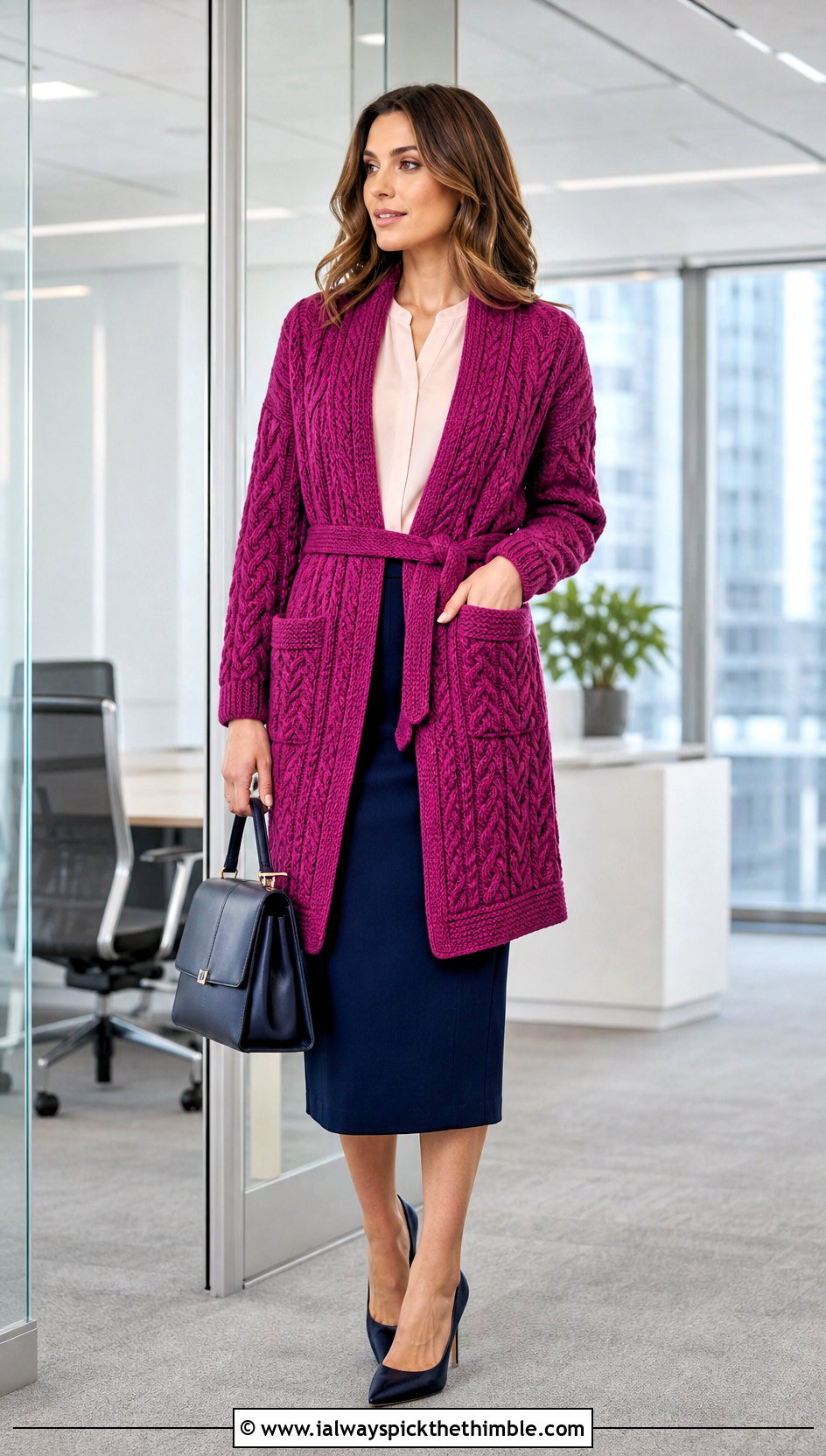 Cable Crochet Pocket Wrap With Pencil Skirt - 15 Crochet Shawls And Wraps With Pockets outfit ideas