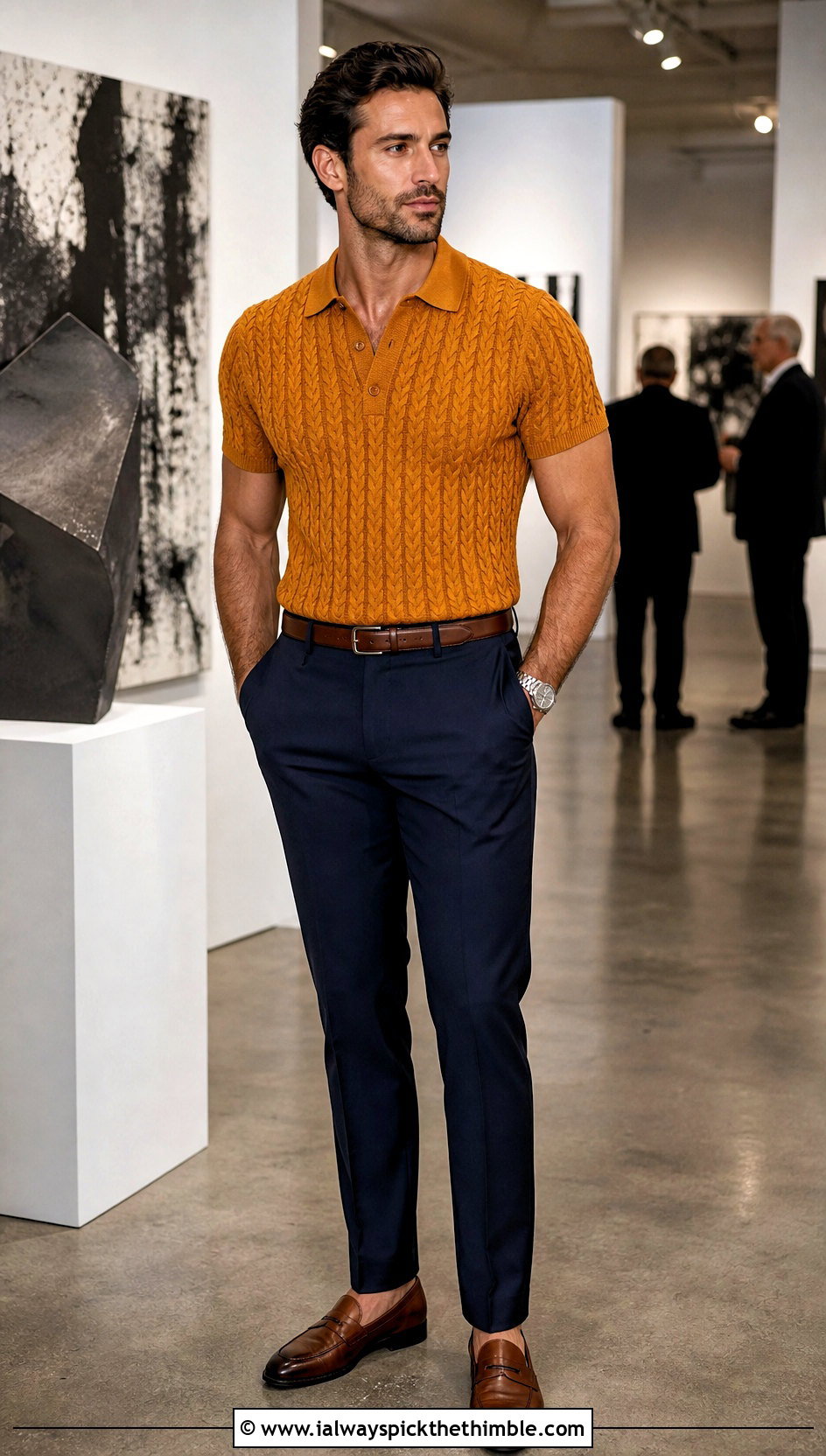 Cable Crochet Polo Sweater With Suit Trousers - 15 Mens Cable Crochet Sweater outfit ideas