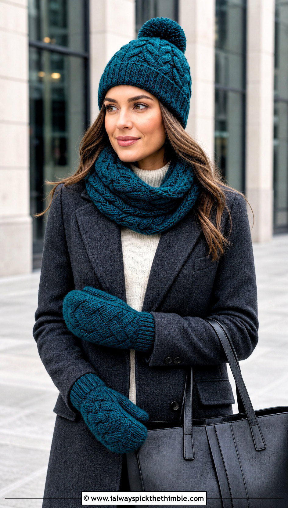 Cable Crochet Pom Pom Beanie Infinity Scarf And Mittens With Tailored Coat - 20 crochet hat scarf gloves set outfit ideas