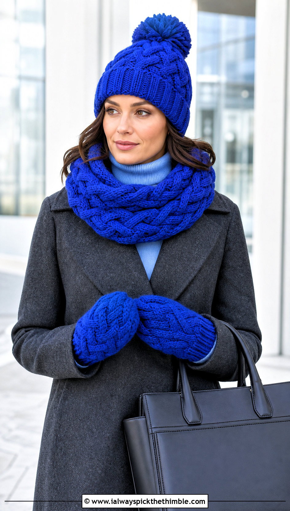 Cable Crochet Pom Pom Hat Infinity Scarf And Mittens With Wool Coat - 20 Crochet Hat Mittens Scarf Set outfit ideas