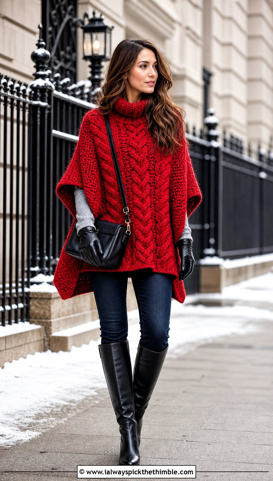 Cable Crochet Poncho With Skinny Jeans And Boots - 15 Modern Crochet Poncho outfit ideas