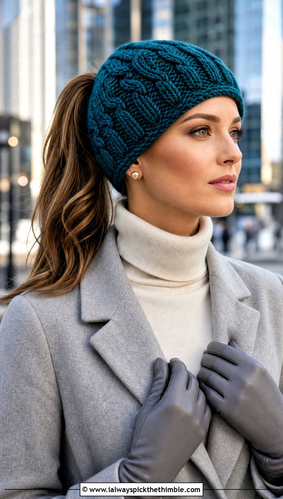 Cable Crochet Ponytail Hat With Tailored Coat - 20 crochet hat with ponytail hole outfit ideas