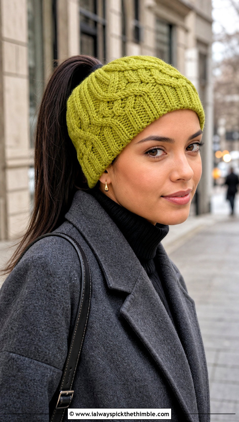 Cable Crochet Ponytail Hat With Wool Coat - 25 crochet ponytail hat outfit ideas