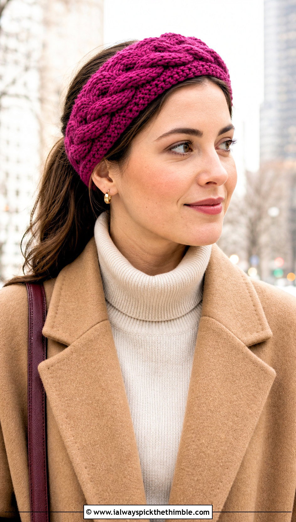 Cable Crochet Ponytail Headband With Wool Coat - 20 Crochet Ponytail Headband outfit ideas