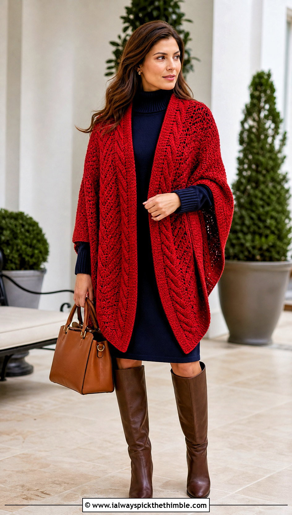 Cable Crochet Ruana With Sweater Dress - 15 easy crochet ruana outfit ideas