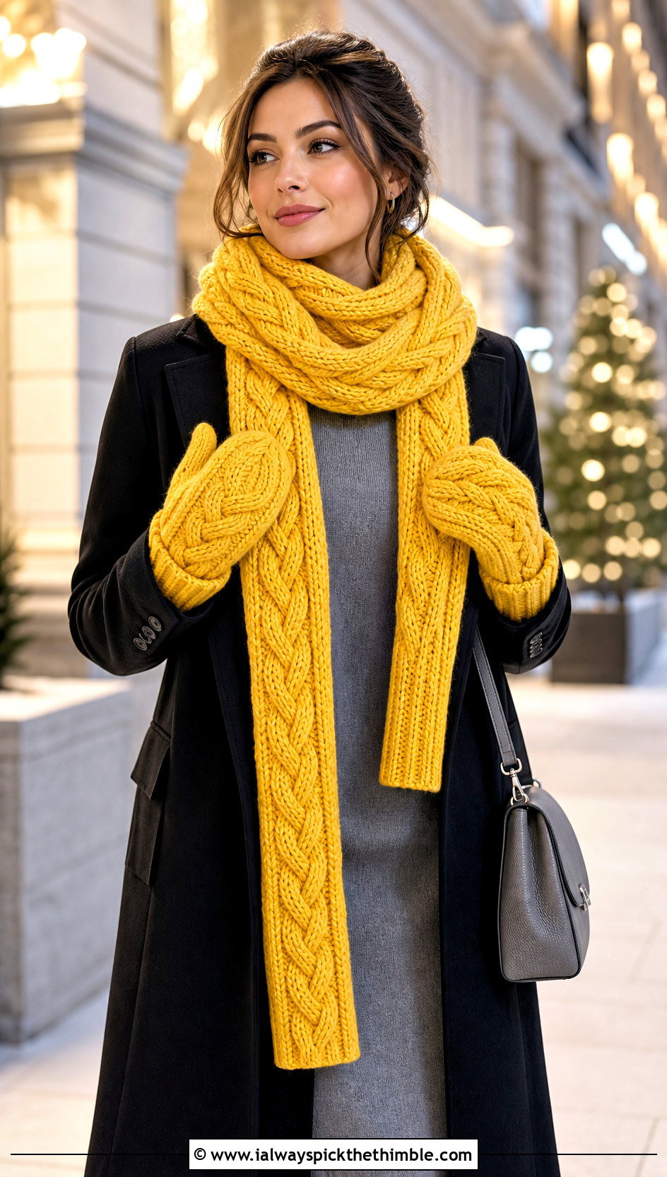 Cable Crochet Scarf And Mittens With Sweater Dress - 15 Crochet Scarf And Mittens Set outfit ideas
