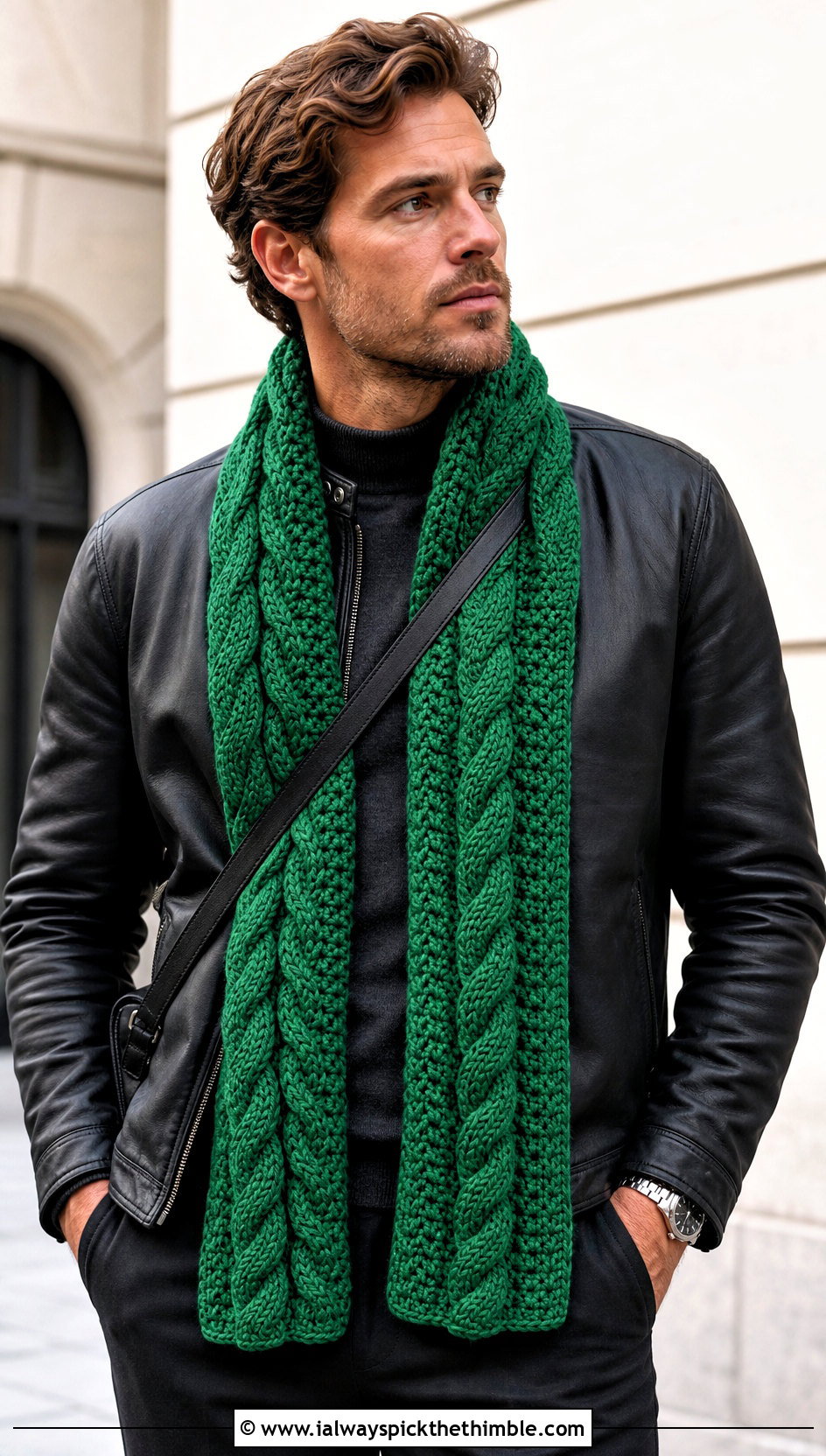 Cable Crochet Scarf With Leather Jacket - 20 Mens Winter Crochet Scarf outfit ideas