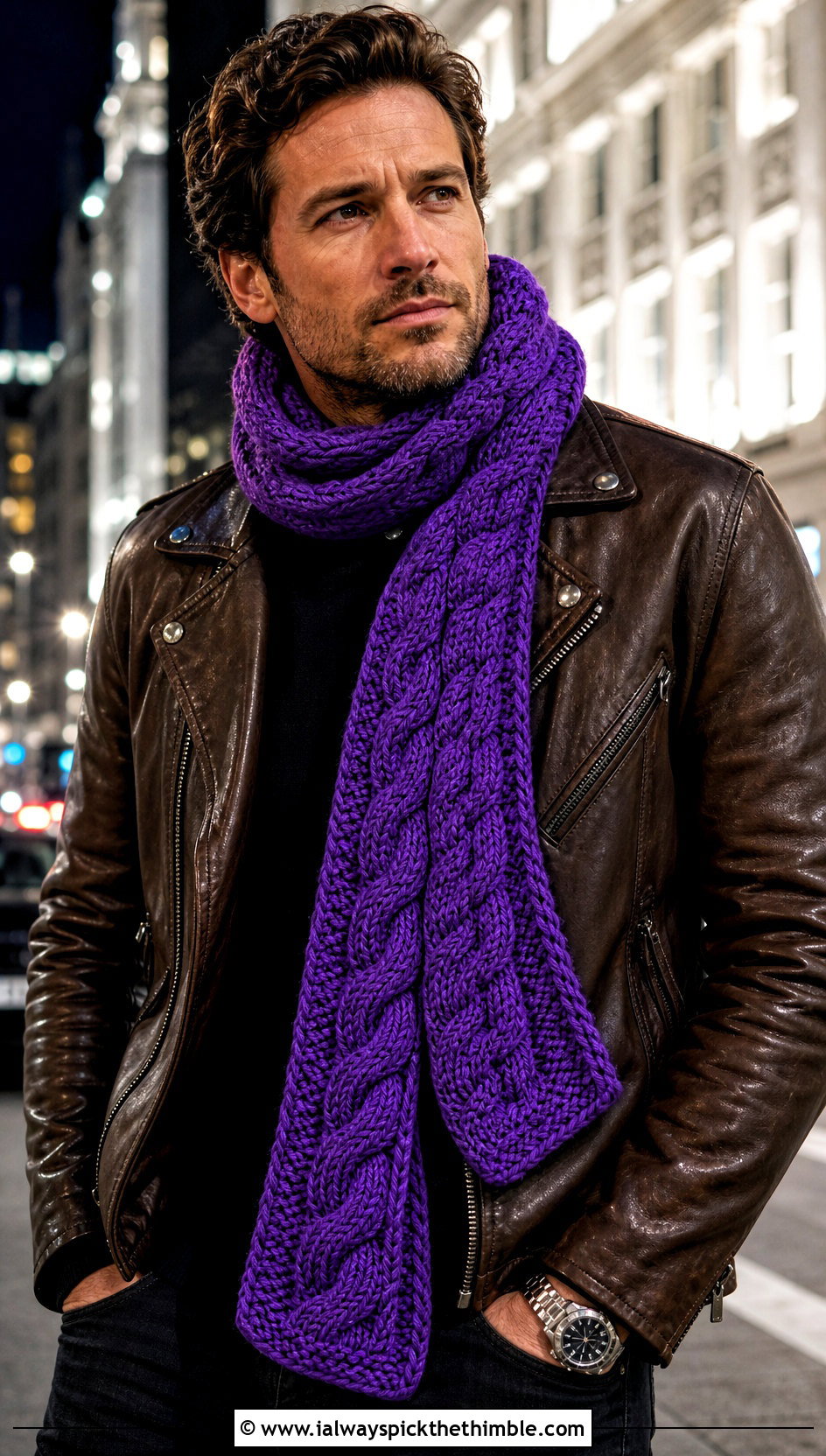 Cable Crochet Scarf With Leather Jacket - 25 men crochet scarf outfit ideas