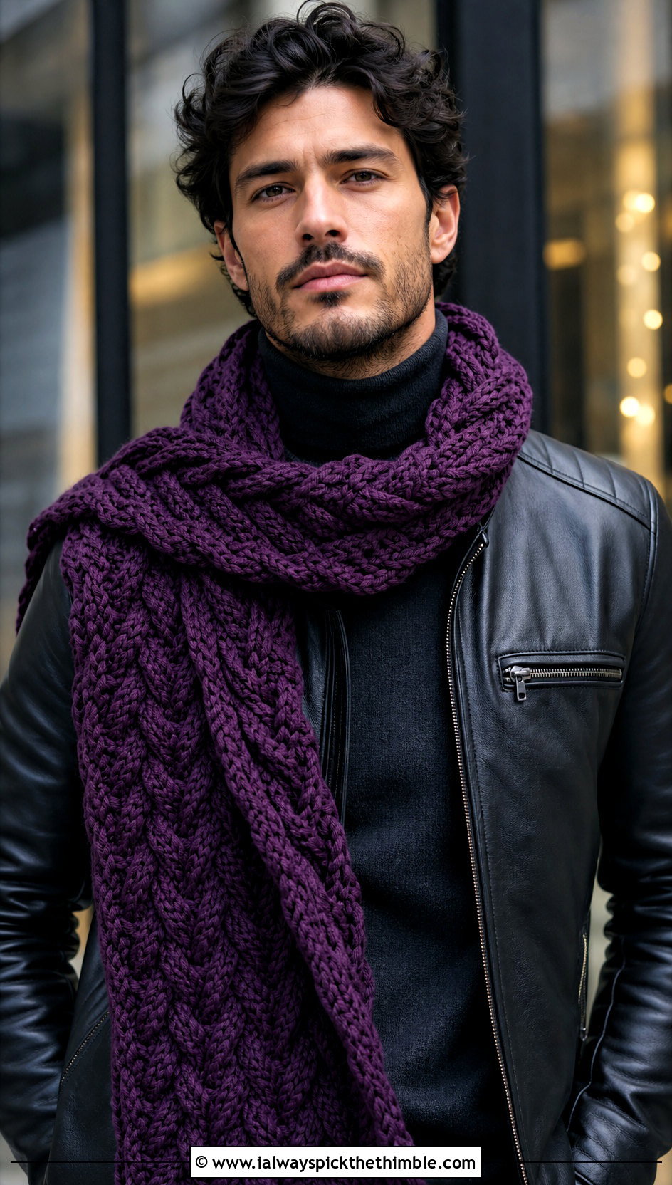 Cable Crochet Scarf With Leather Jacket - 20 men's crocheted scarf outfit ideas