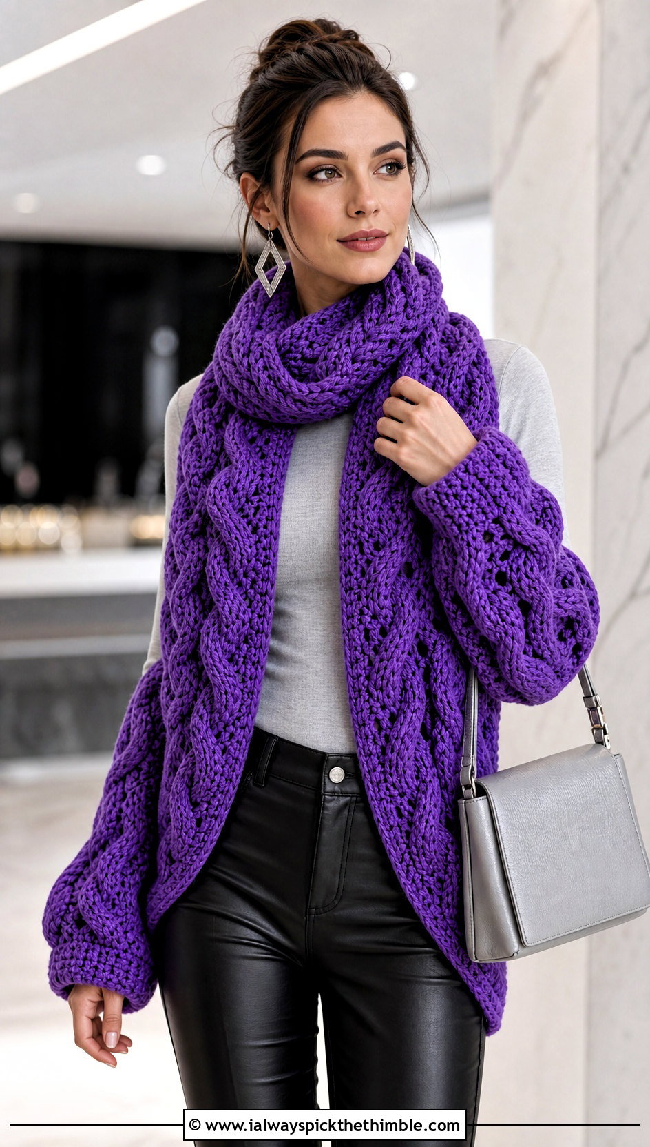 Cable Crochet Scarf With Sleeves And Leather Pants - 25 crochet scarf with sleeves outfit ideas