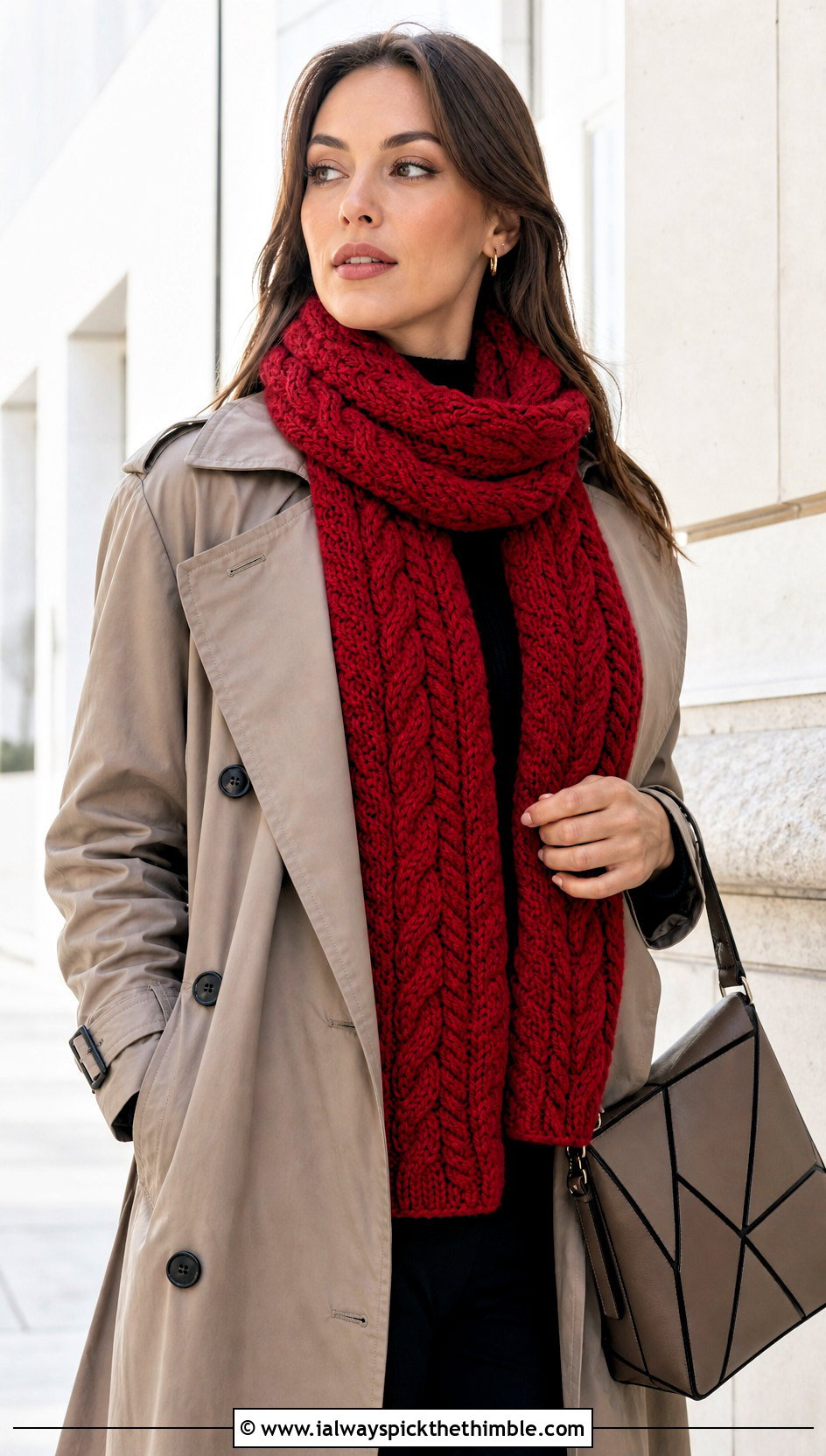 Cable Crochet Scarf With Trench Coat And Leather Pants - 25 Winter Crochet Scarfs For Women outfit ideas