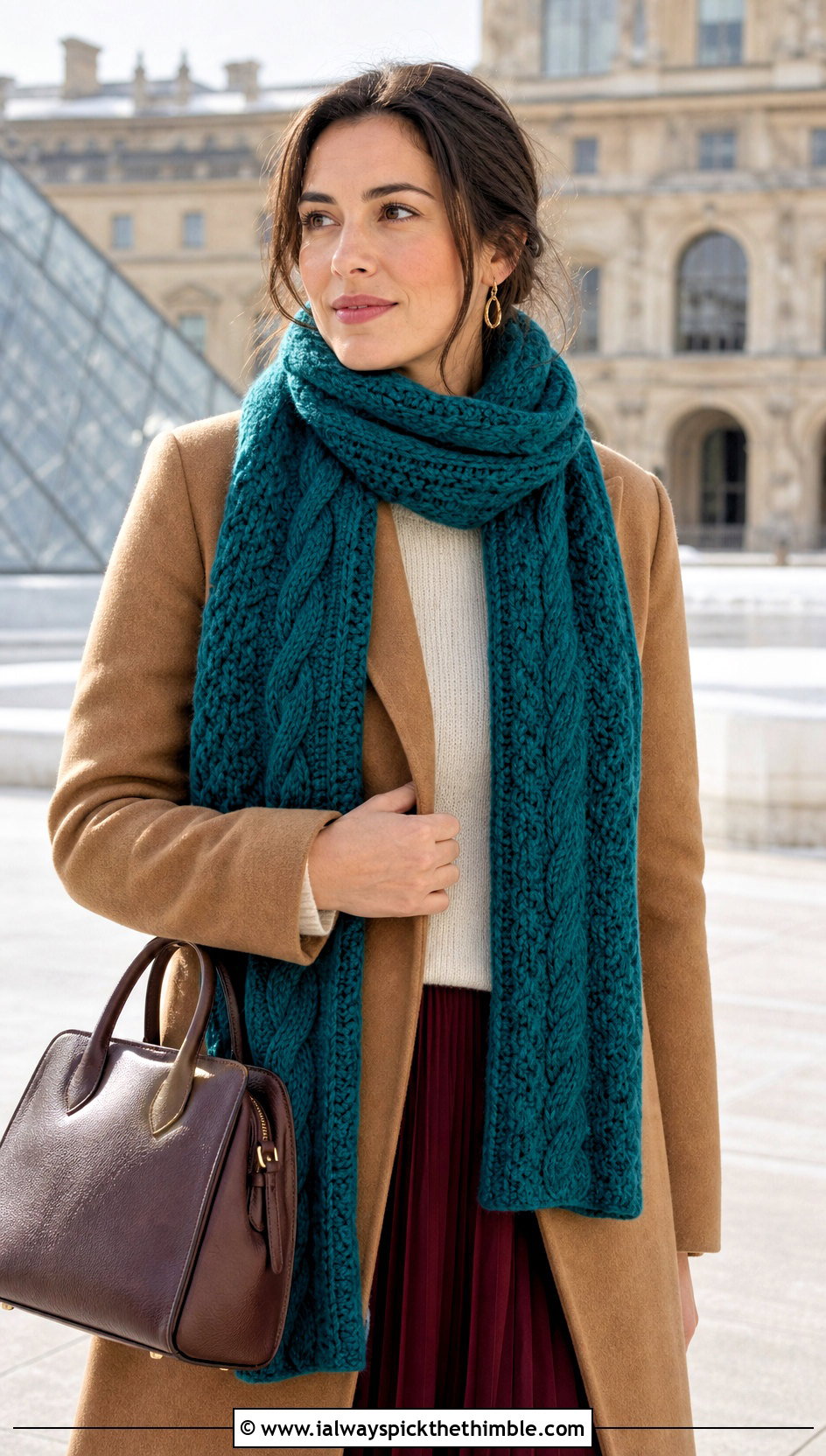 Cable Crochet Scarf With Wool Coat And Midi Skirt - 15 Super Bulky Crochet Scarf outfit ideas
