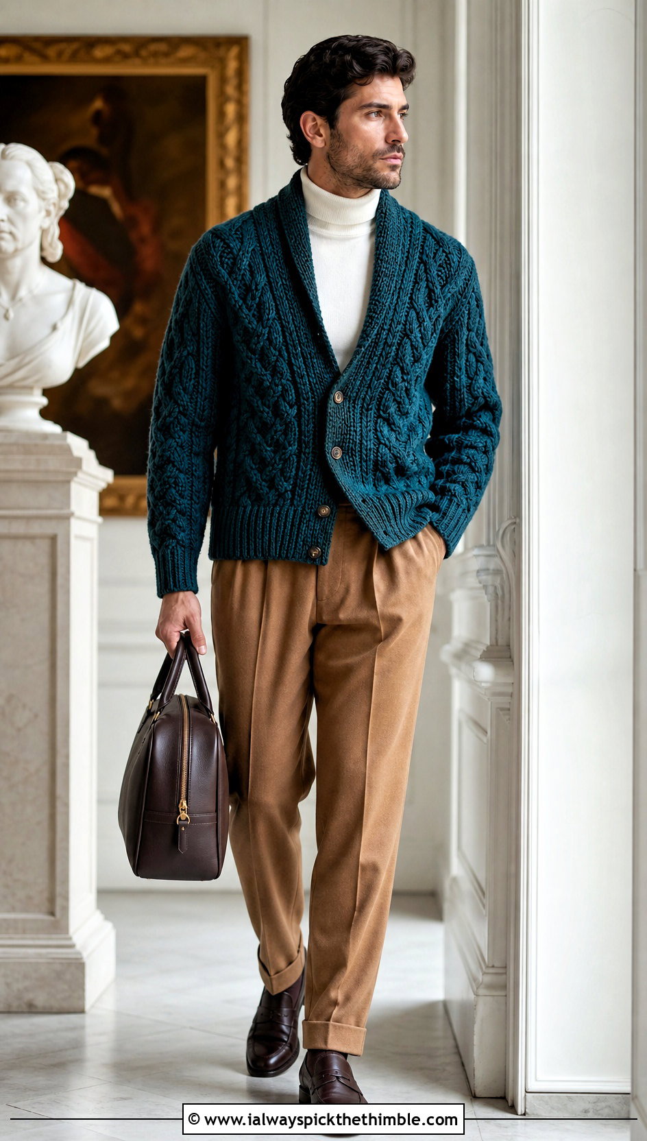 Cable Crochet Shawl Collar Cardigan With Wool Trousers - 20 Mens Crochet Shawl Collar Cardigan outfit ideas