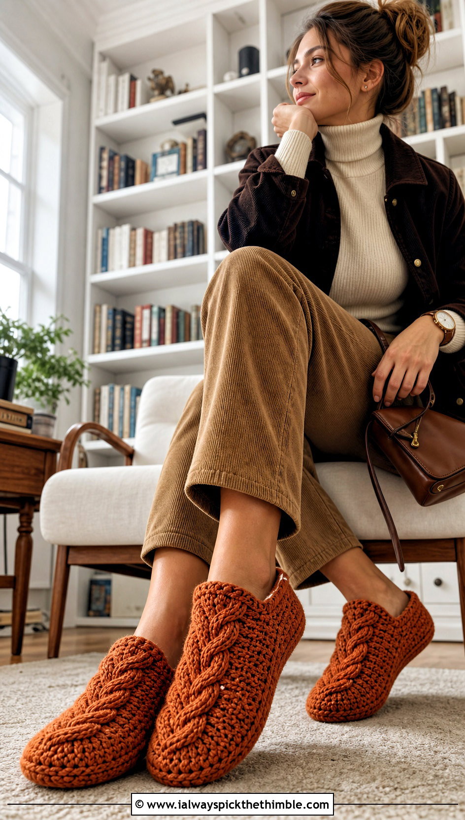 Cable Crochet Slippers With Corduroy Pants And Turtleneck - 25 crochet slipper outfit ideas