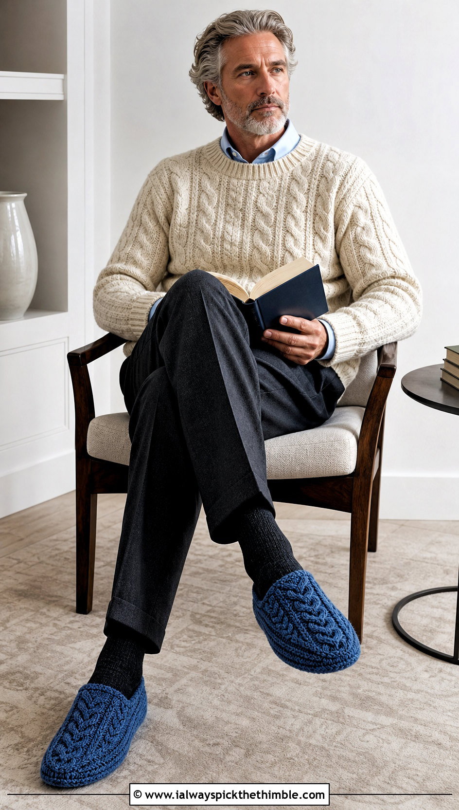 Cable Crochet Slippers With Fisherman Sweater And Wool Trousers - 20 easy mens crochet slippers outfit ideas