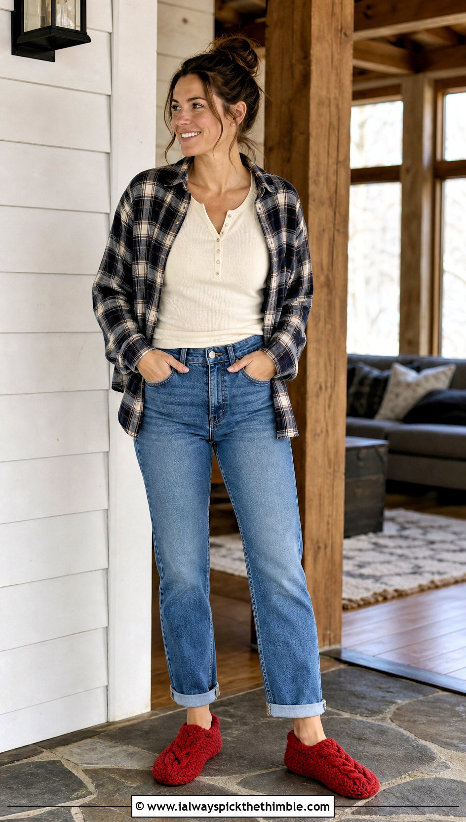 Cable Crochet Slippers With Flannel Shirt And Jeans - 15 Easy Crochet House Slippers Stephanie Zed outfit ideas