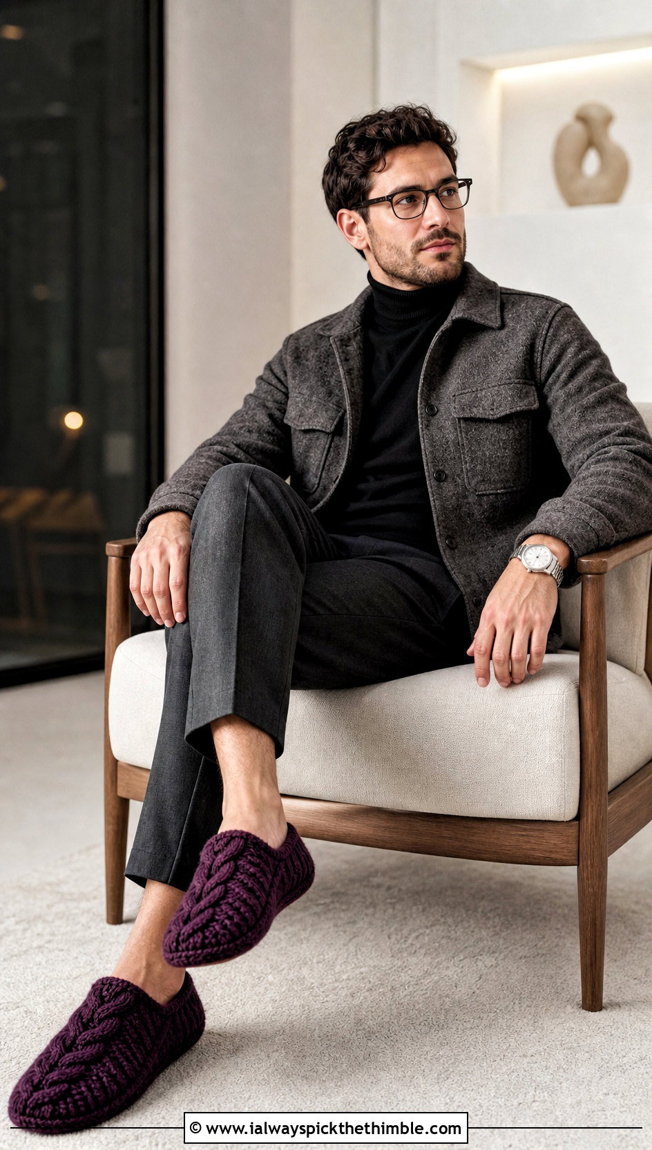 Cable Crochet Slippers With Turtleneck Outfit - 20 crochet men's slippers outfit ideas