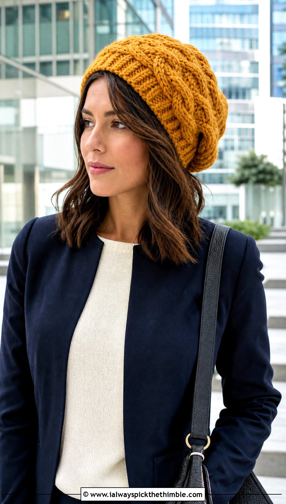 Cable Crochet Slouchy Hat With Blazer And Wide Leg Trousers - 25 crochet slouchy hat outfit ideas