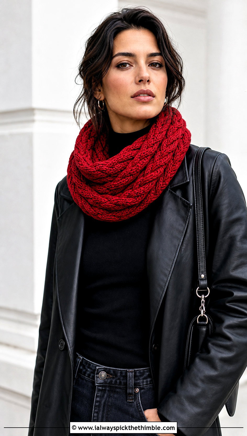 Cable Crochet Snood Cowl With Leather Coat - 20 crochet snood cowl outfit ideas