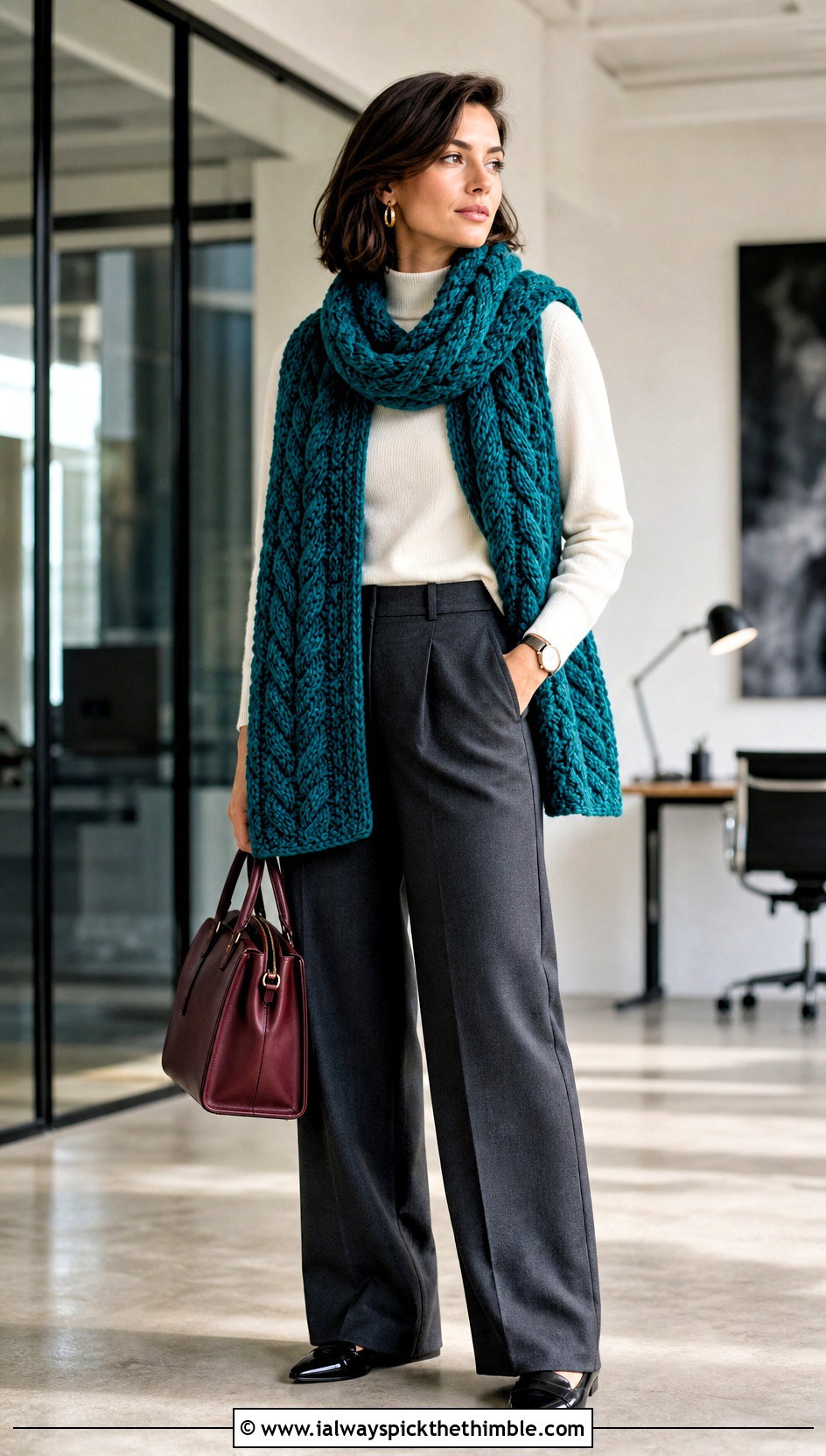 Cable Crochet Sweater Scarf With Tailored Trousers - 25 crochet sweater scarf outfit ideas