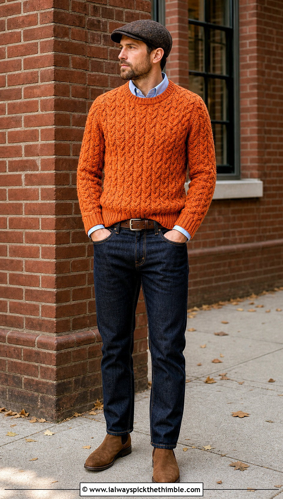 Cable Crochet Sweater With Dark Wash Denim - 20 men's crochet sweater outfit ideas