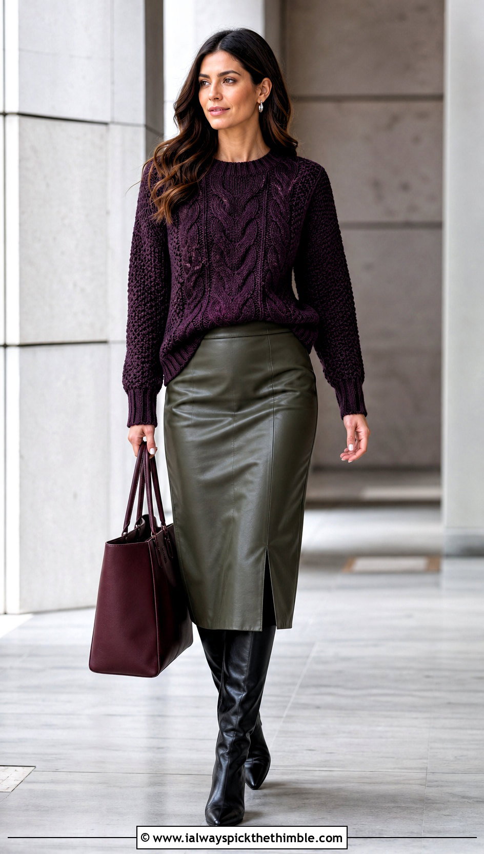 Cable Crochet Sweater With Leather Midi Skirt - 20 Crochet For Sweaters For Women outfit ideas
