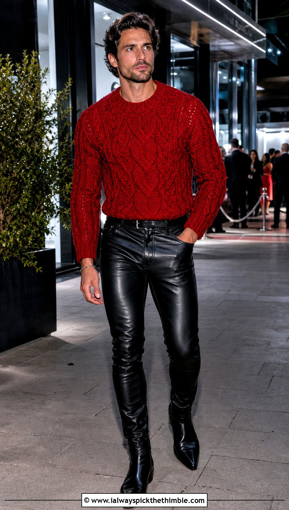 Cable Crochet Sweater With Leather Pants - 20 Mens Crochet Sweaters outfit ideas