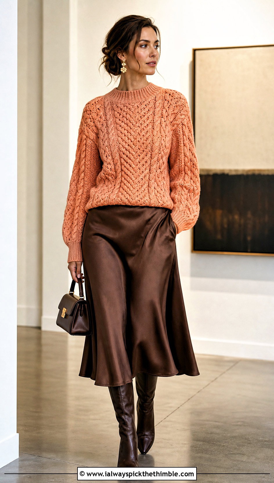 Cable Crochet Sweater With Satin Midi Skirt - 15 Sweaters To Crochet For Women outfit ideas