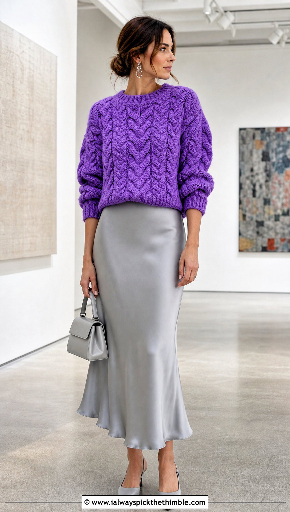 Cable Crochet Sweater With Satin Slip Skirt - 20 Crochet Ladies Sweater outfit ideas
