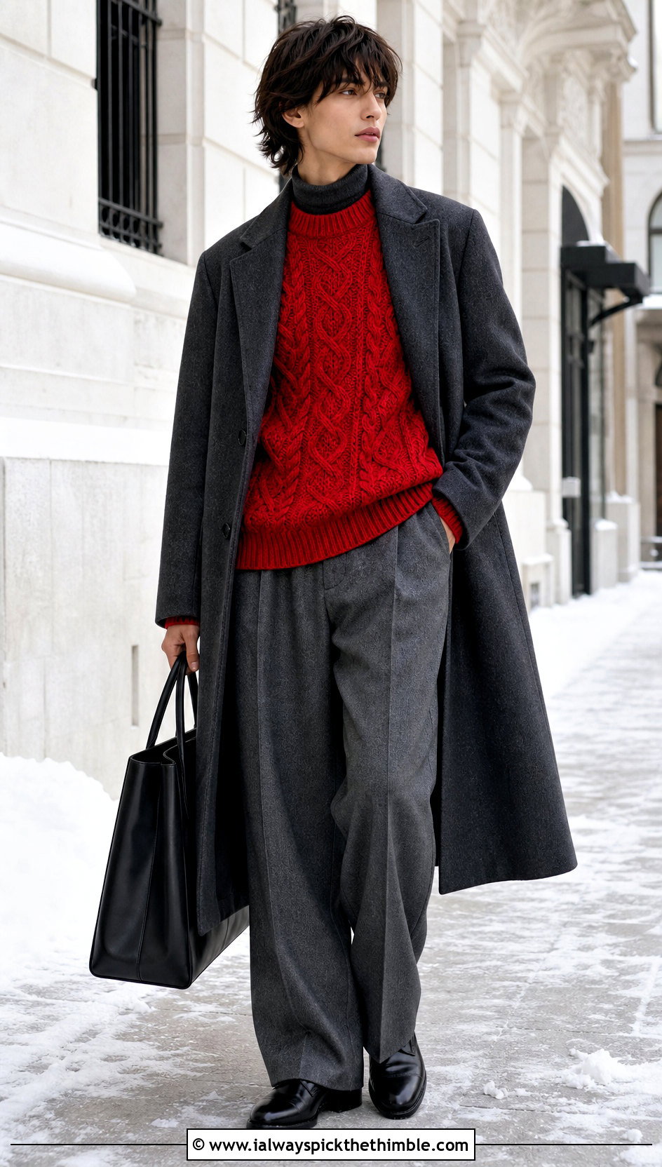 Cable Crochet Sweater With Wool Trousers - 20 unisex crochet sweater outfit ideas