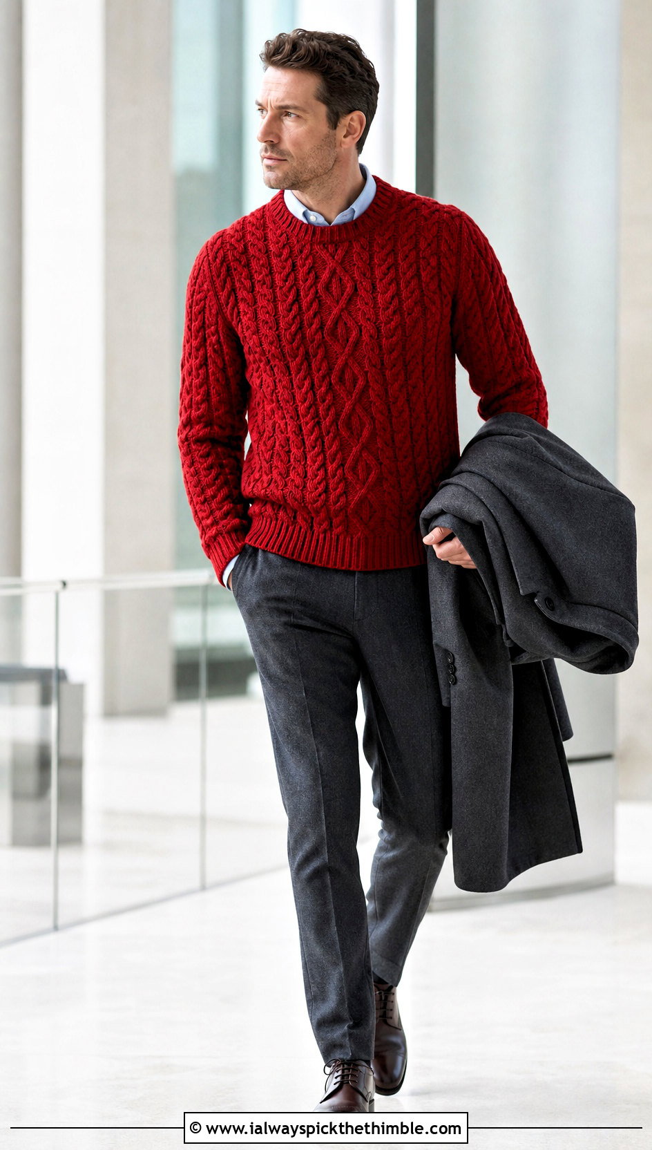 Cable Crochet Sweater With Wool Trousers - 20 man crochet sweater outfit ideas