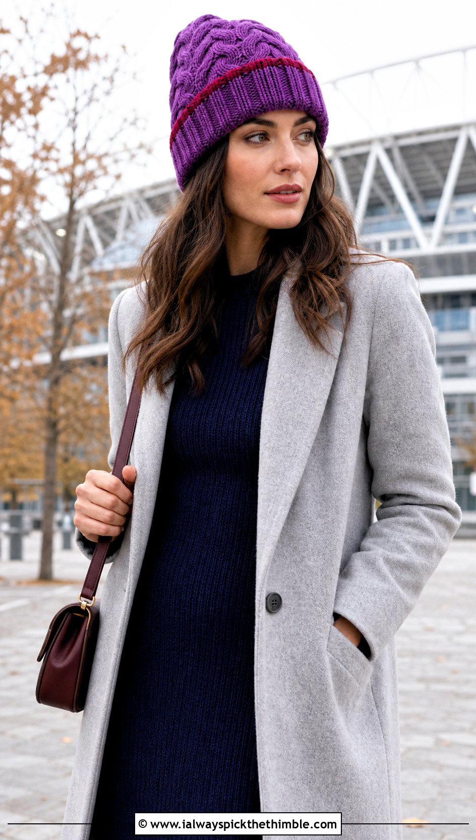 Cable Crochet Team Beanie With Wool Coat - 15 Crochet Football Team Hat outfit ideas