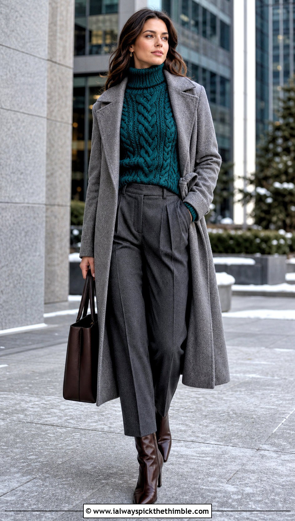 Cable Crochet Turtleneck Sweater With Tailored Trousers - 20 winter crochet sweater outfit ideas