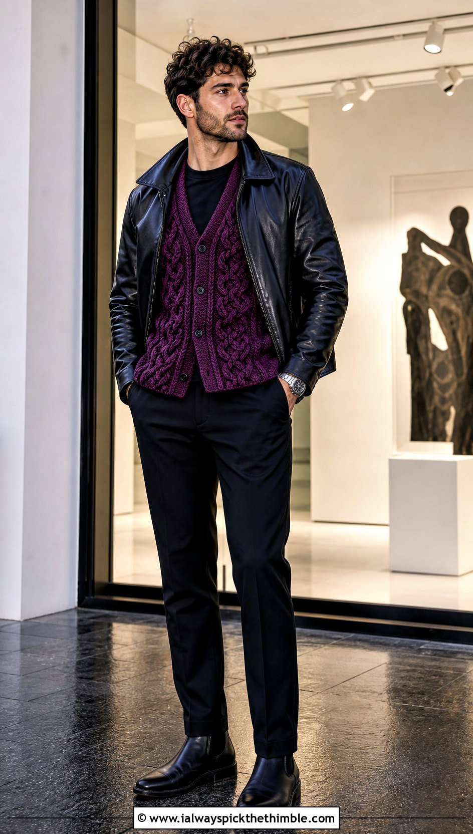 Cable Crochet Vest With Leather Jacket And Black Trousers - 20 mens crochet vest outfit ideas