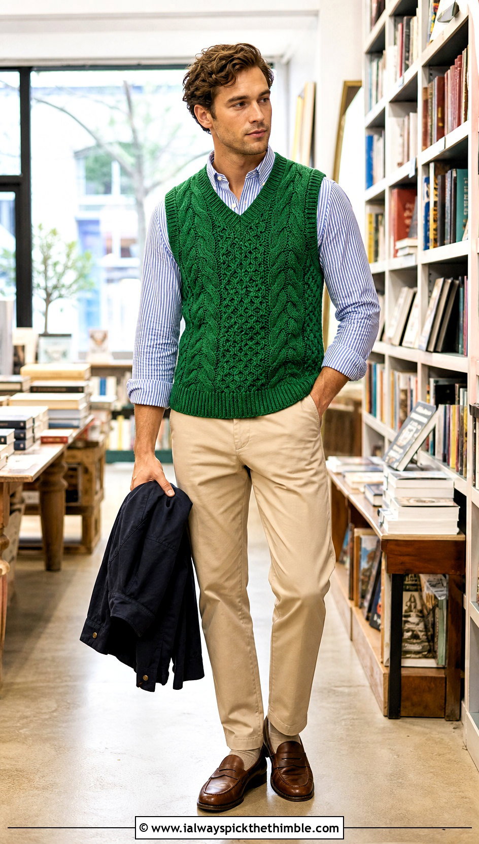 Cable Crochet Vest With Striped Shirt And Chinos - 25 crochet outfits for men outfit ideas