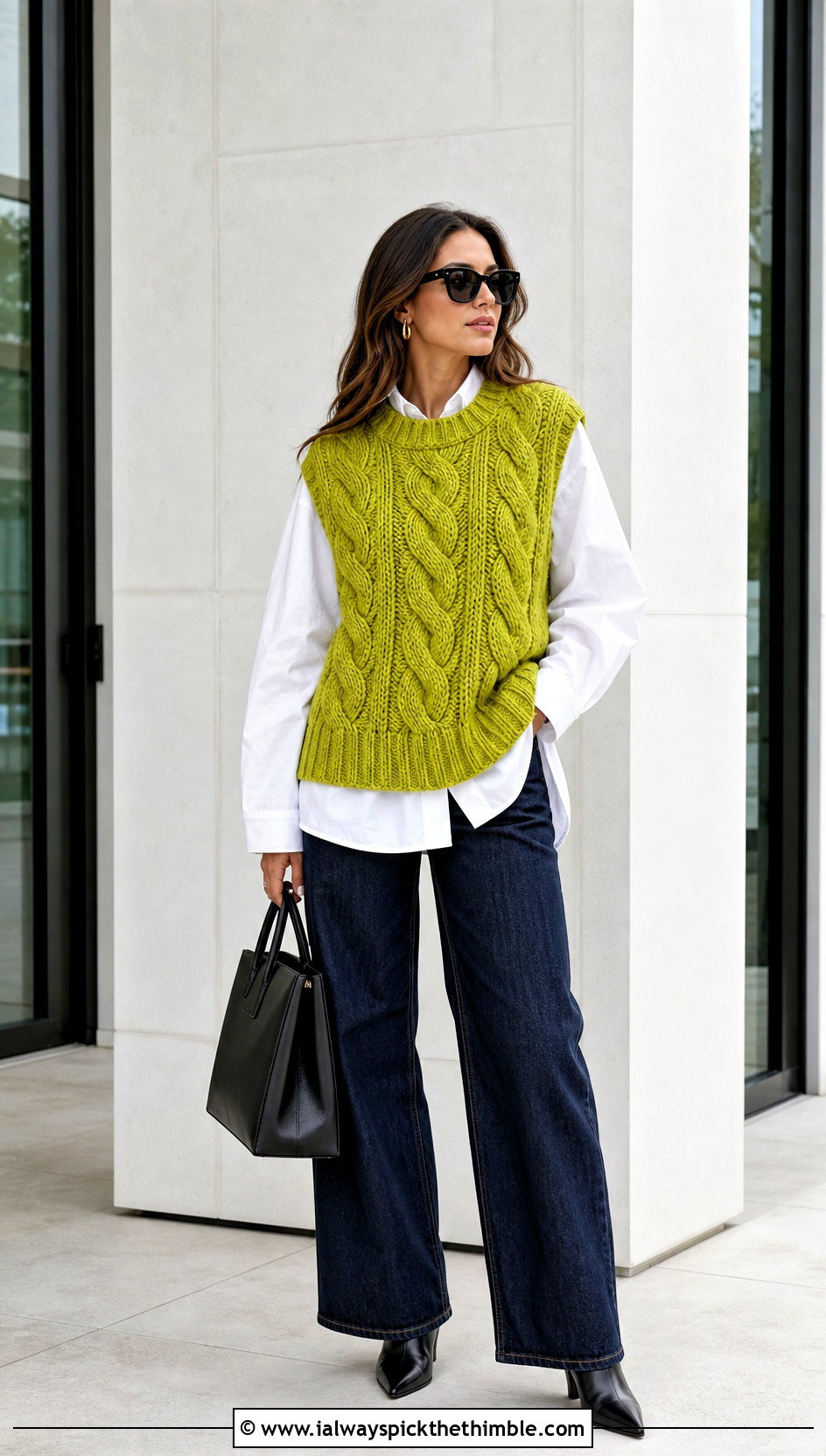 Cable Crochet Vest With White Shirt And Wide Leg Jeans - 25 crochet vest for women outfit ideas