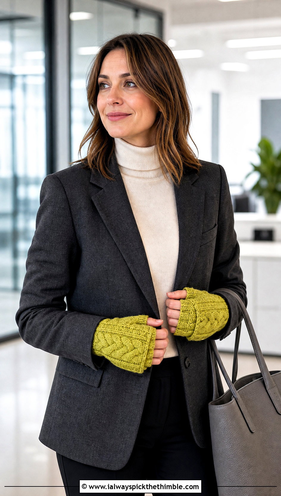 Cable Foldover Crochet Gloves With Tailored Blazer - 15 Convertible Crochet Fingerless Gloves outfit ideas