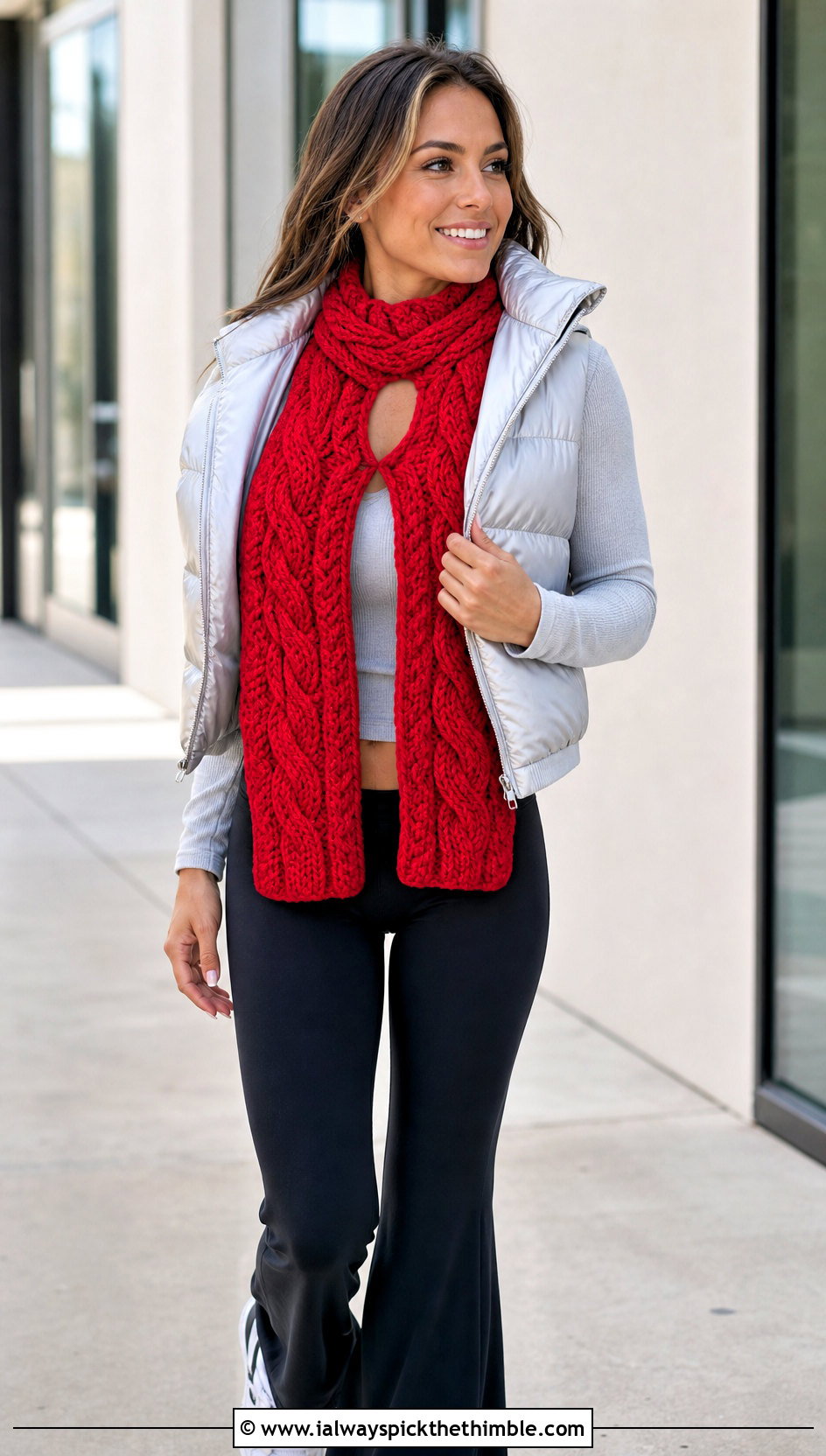 Cable Keyhole Crochet Scarf With Puffer Vest - 15 Key Hole Crochet Scarf outfit ideas