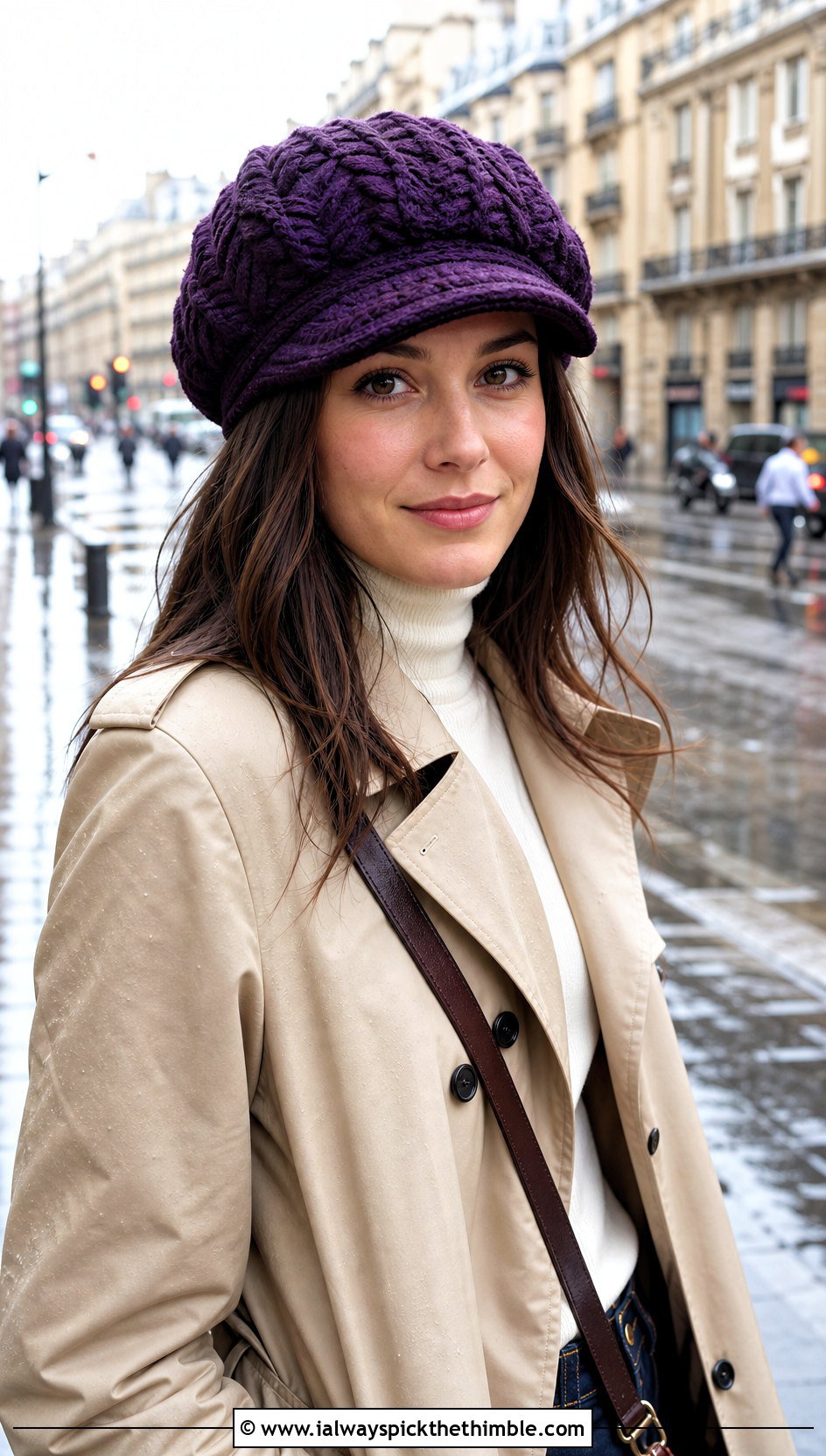 Cable Knit Look Crochet Newsboy Cap With Trench Coat - 20 Knit Look Crochet Hat outfit ideas