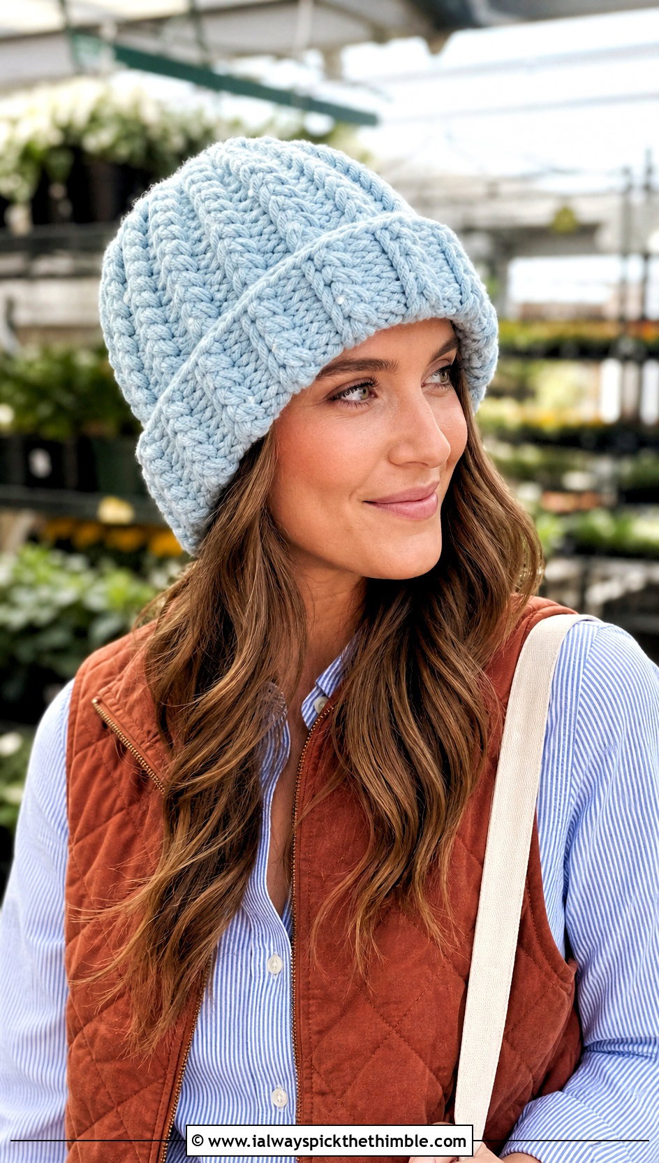 Cable Look Blanket Yarn Crochet Beanie With Quilted Vest - 15 blanket yarn crochet beanie outfit ideas