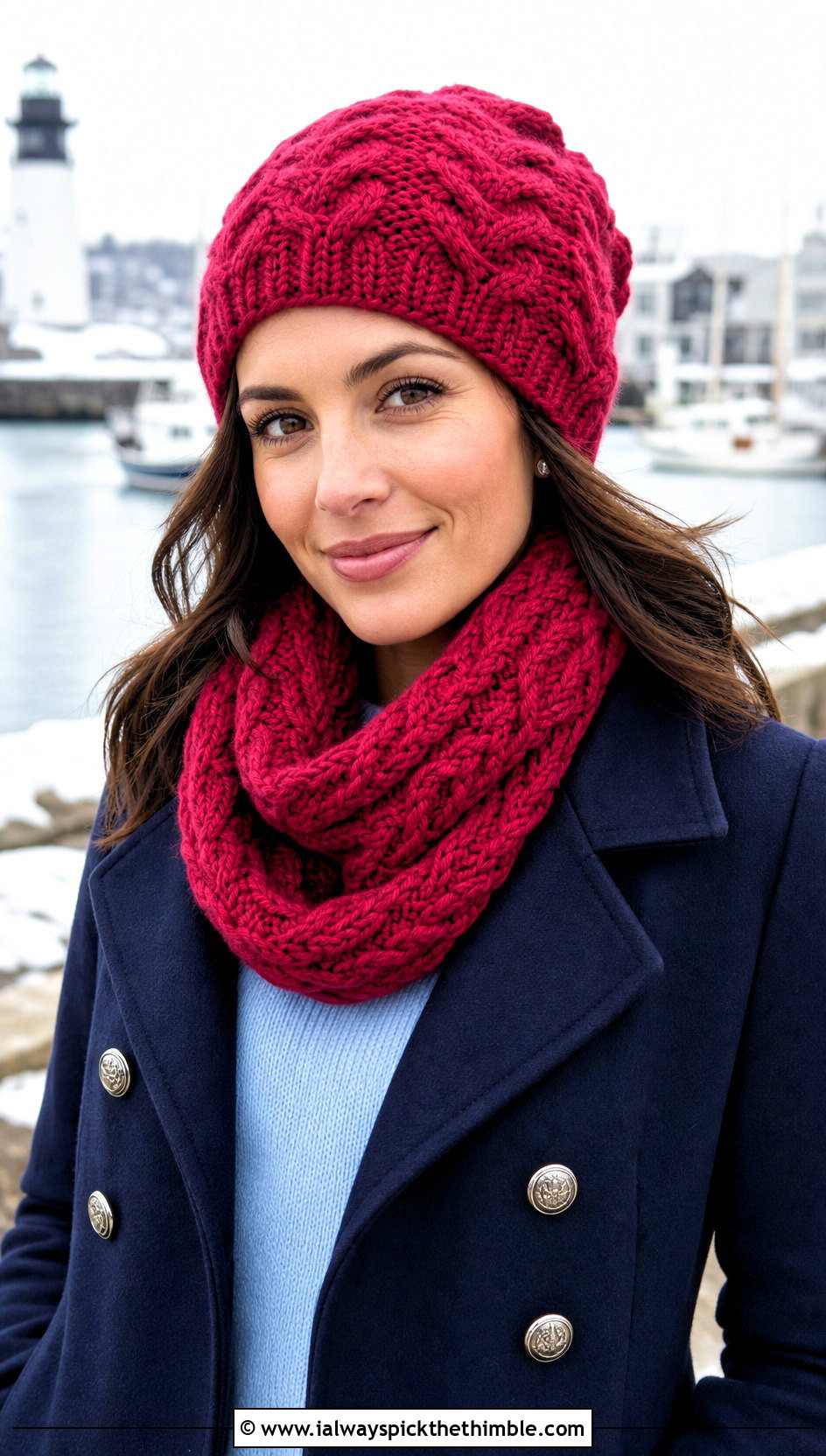 Cable Look Crochet Beanie And Loop Scarf With Peacoat - 25 crochet hat and scarf set outfit ideas