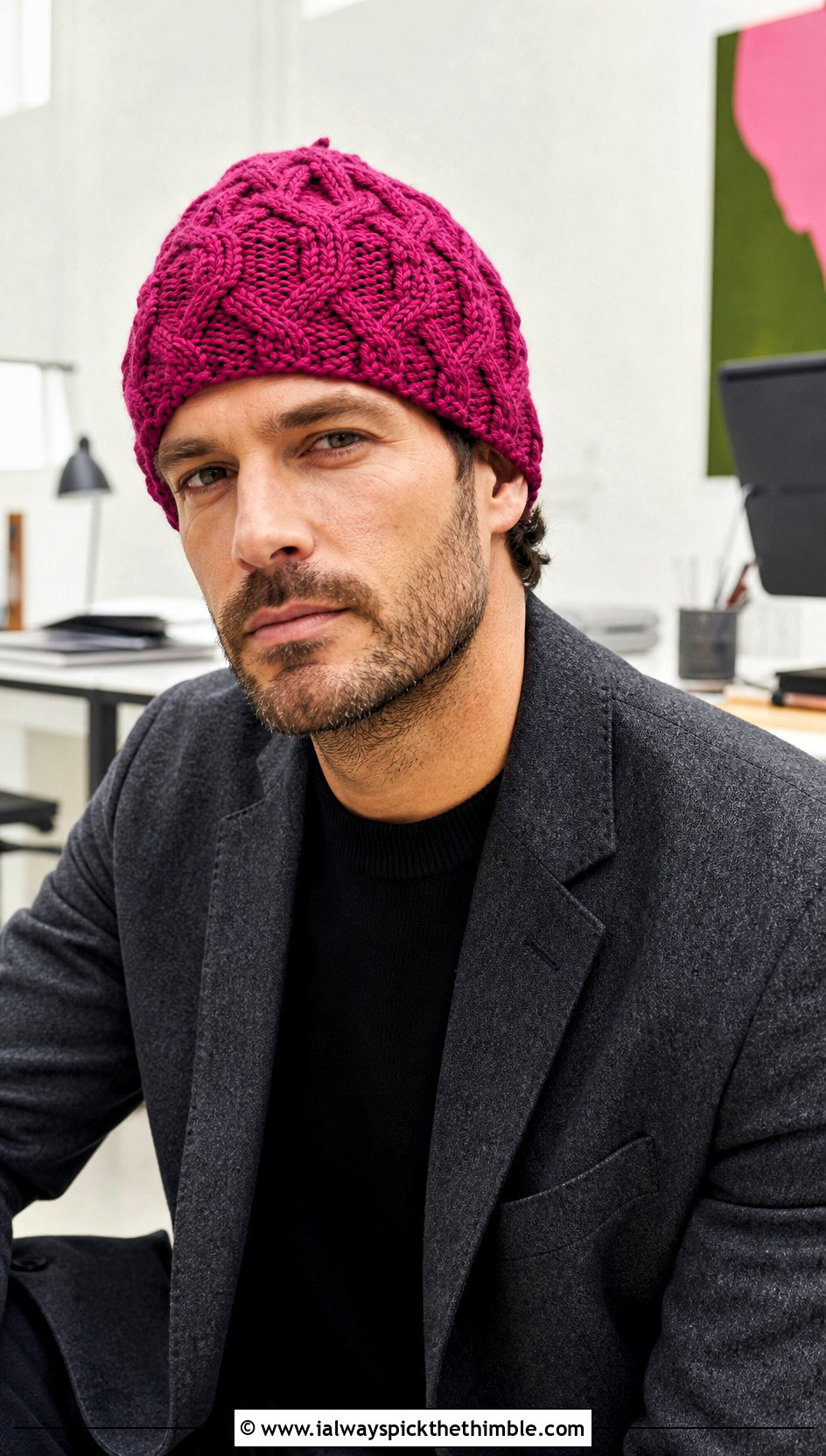 Cable Look Crochet Beanie With Casual Suit - 25 men's crochet beanie outfit ideas