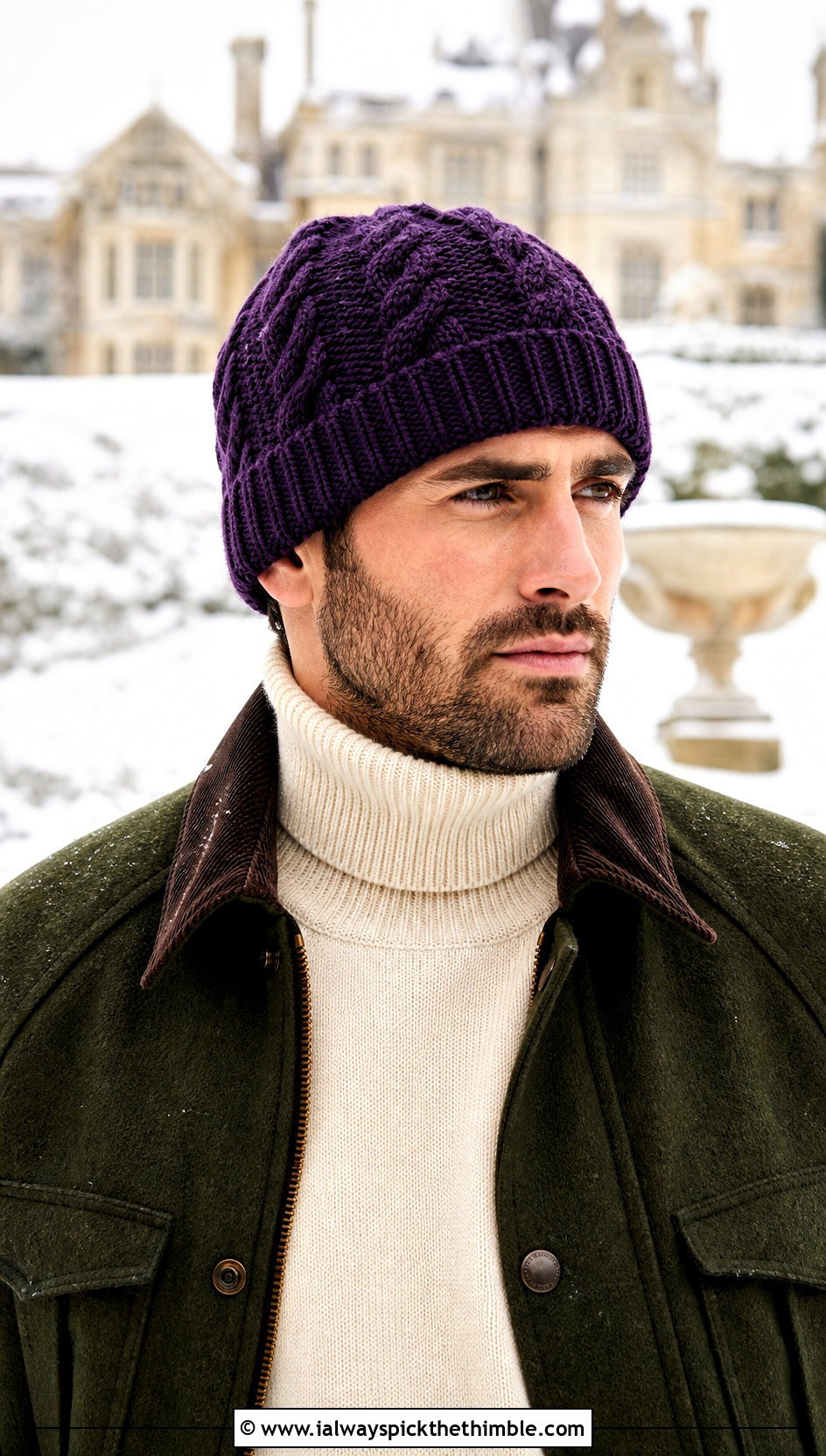 Cable Look Crochet Beanie With Field Coat - 20 mens winter crochet hats outfit ideas