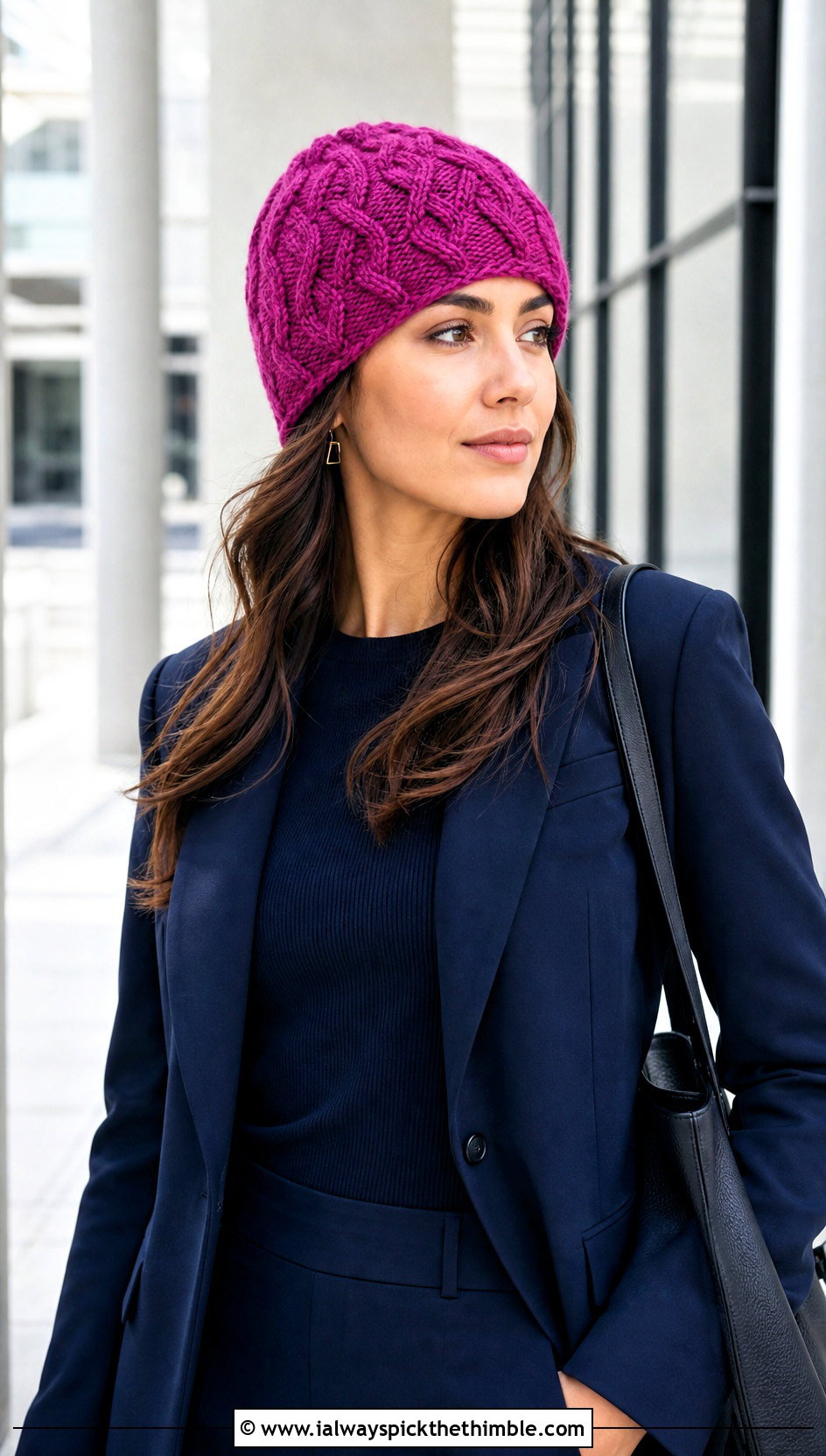 Cable Look Crochet Beanie With Monochrome Suit - 20 unique crochet beanie outfit ideas
