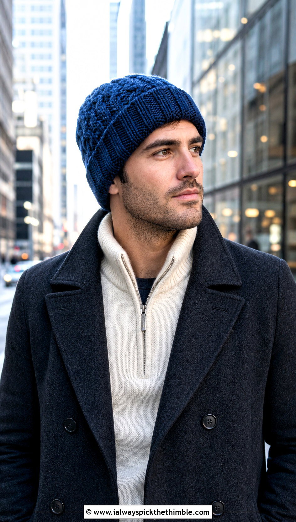 Cable Look Crochet Beanie With Peacoat - 20 crochet man beanie outfit ideas
