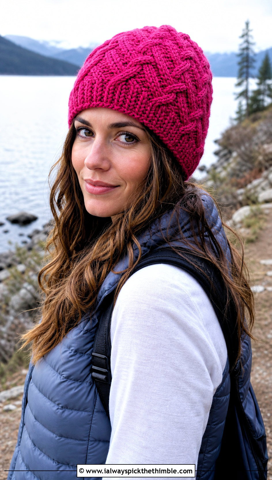 Cable Look Crochet Beanie With Puffer Vest - 20 lakeside crochet beanie outfit ideas