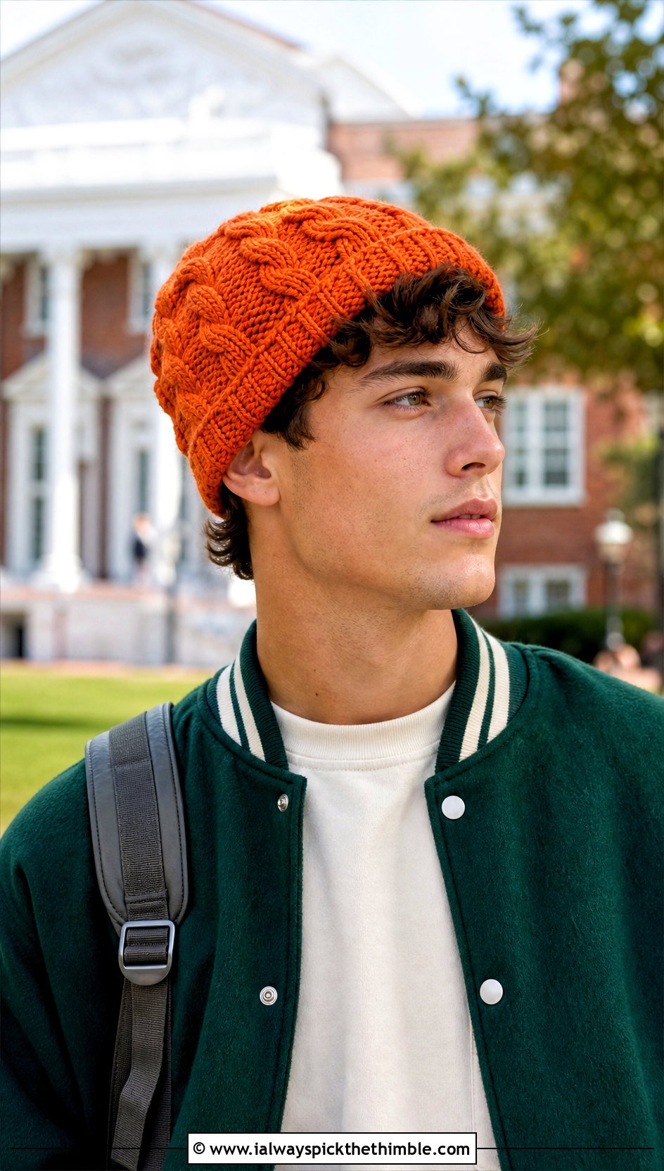 Cable Look Crochet Beanie With Varsity Jacket - 20 crochet for men's beanies outfit ideas