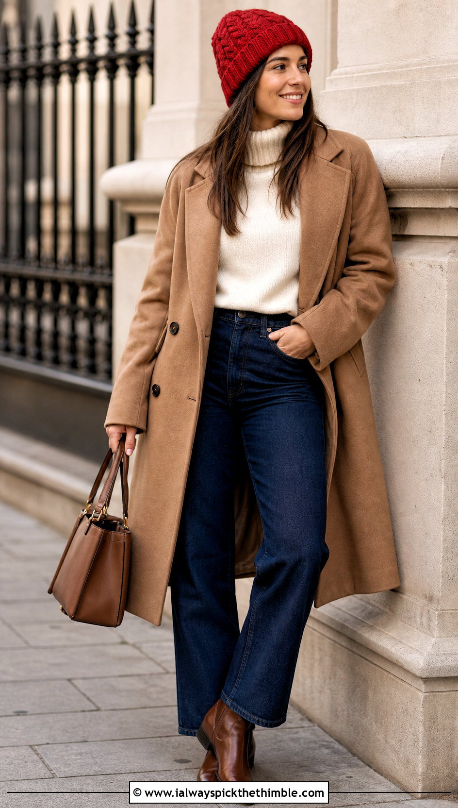 Cable Look Crochet Beanie With Wool Coat And Straight Jeans - 25 simple crochet beanie outfit ideas