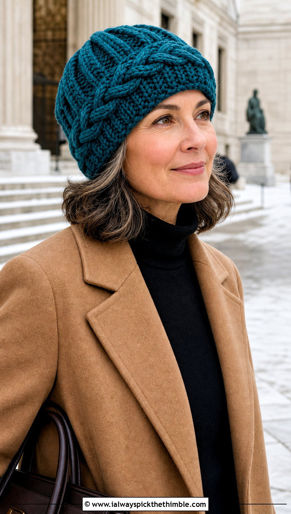 Cable Look Crochet Chunky Beanie With Wool Coat And Turtleneck - 25 crochet chunky beanie outfit ideas
